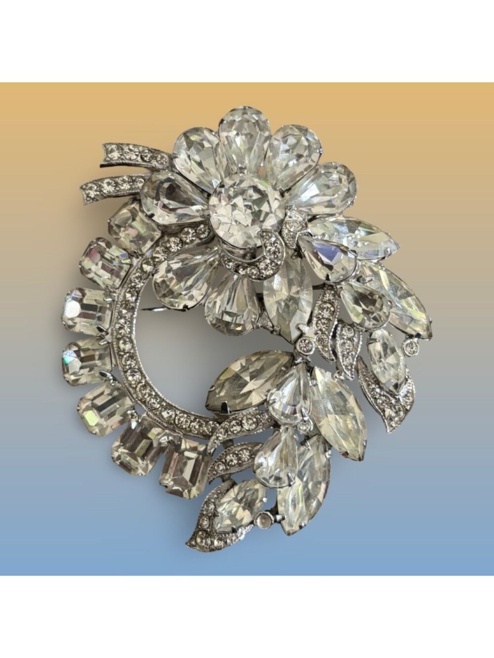 Eisenberg Rhinestone Flower & Leaf Circle Brooch With Silver Accents Statement